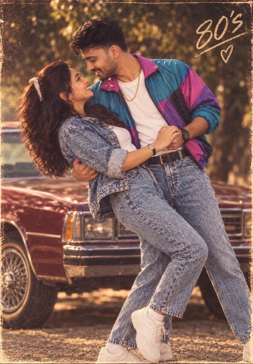 Dance dip in front of a burgundy vintage car in autumn light