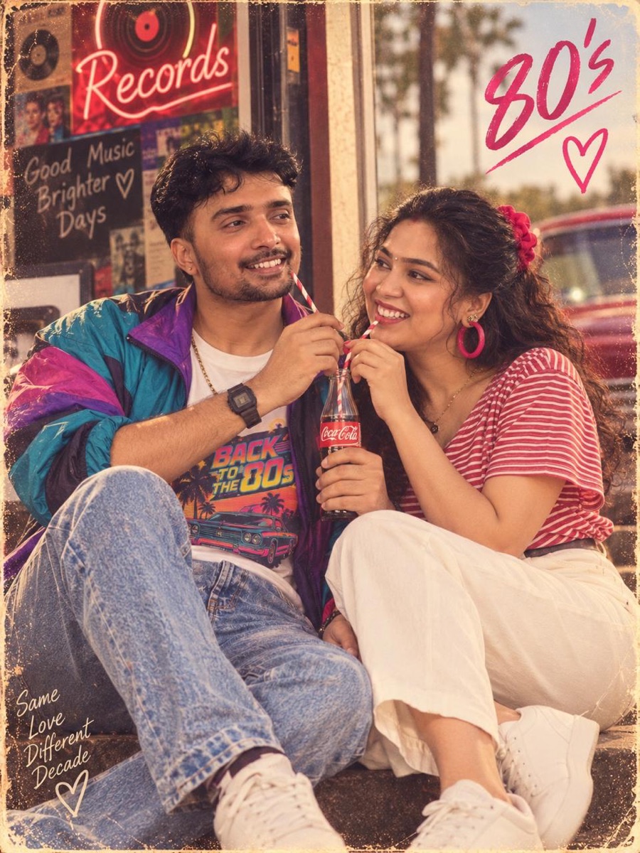Sharing a bottle of Coke on the kerb outside a neon-lit record store