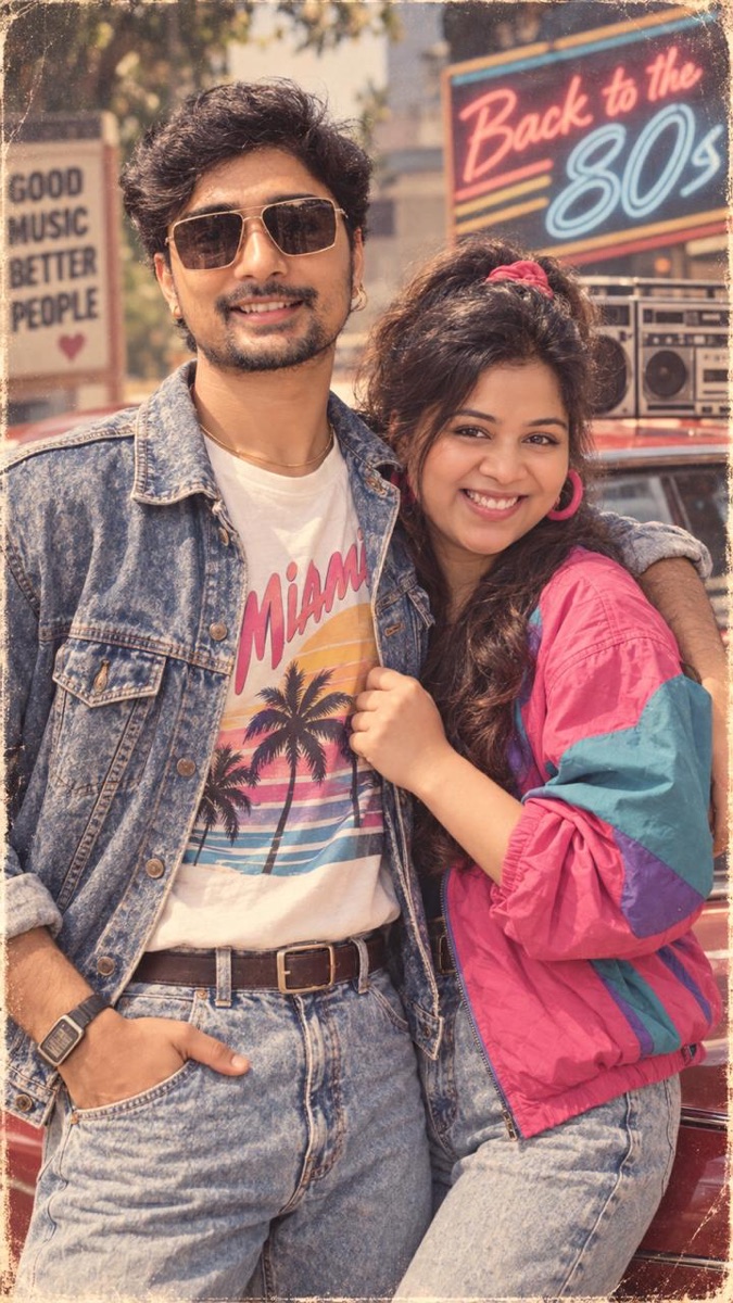 Street style with a denim jacket, a Miami palm-sunset tee and a boombox