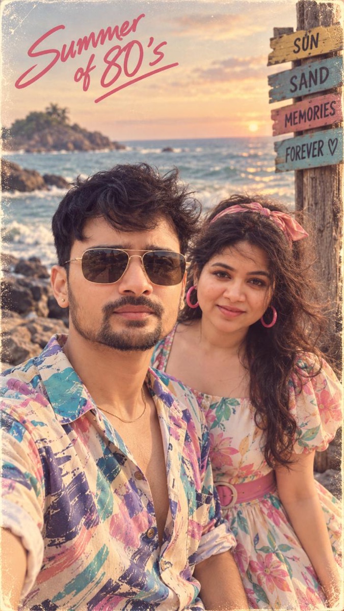 Arm's-length selfie over the ocean at sunset in pastel prints